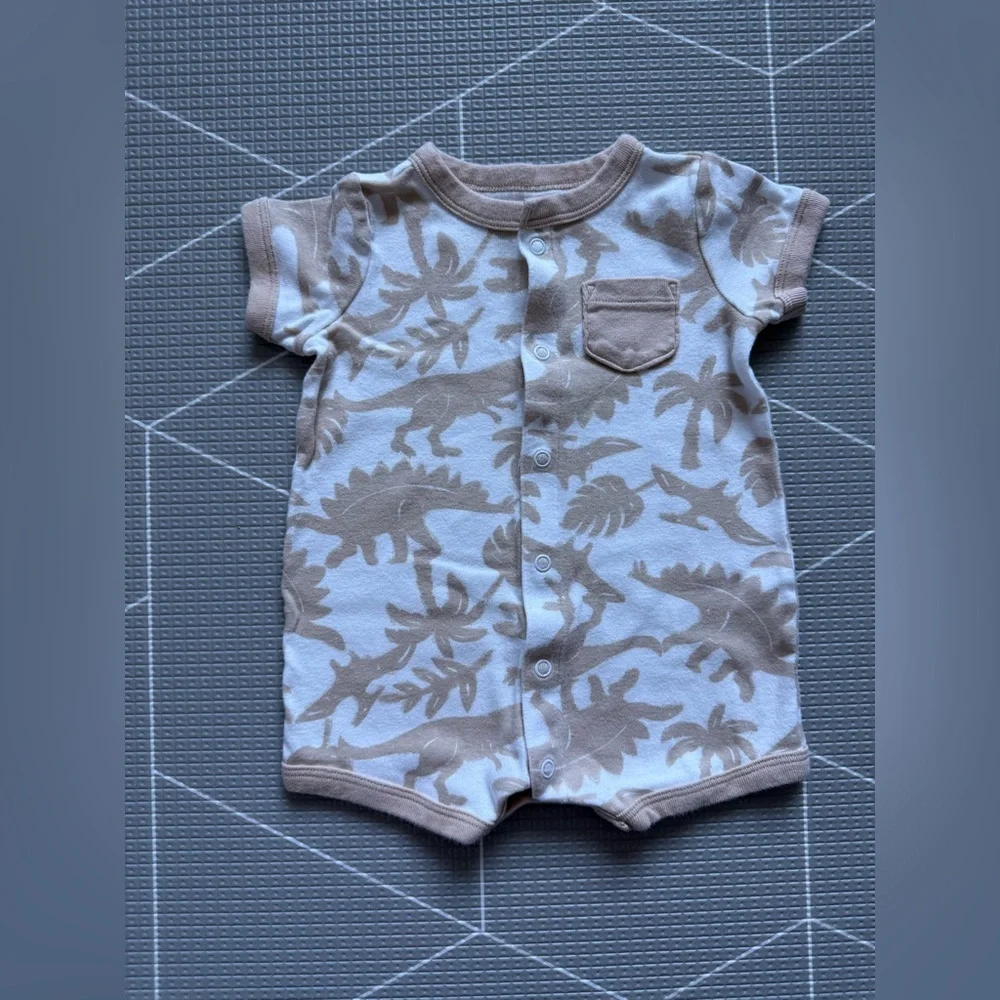 Carters|Baby boy white short sleeve romper with tan dinasour print•••soft,6M